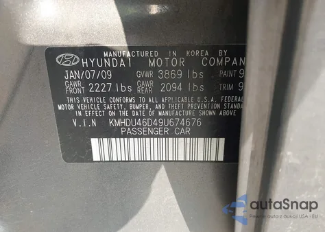 2009 Hyundai Elantra Gls from USA, damaged, VIN KMHDU46D49U674676